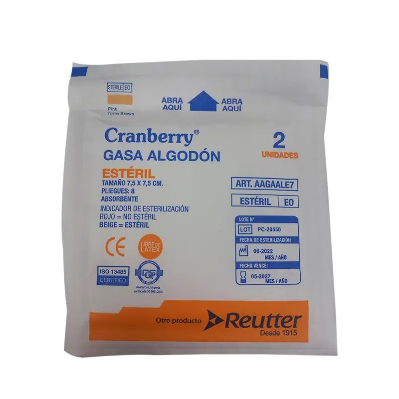 Gasa Algodon Esteril Cranberry 7,5 x 7,5cm x 8 pliegues 2 unidades