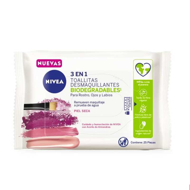 Toallitas Desmaquillantes biodegradable NIVEA 3 en 1 piel seca / 25 piezas