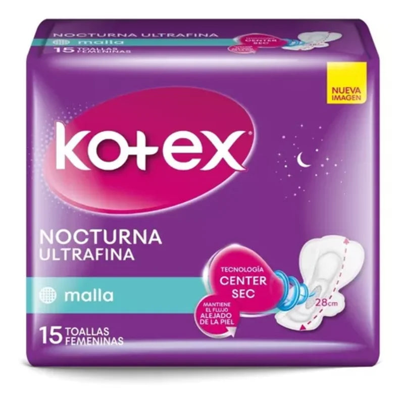 Toallas femeninas  Kotex Nocturna Ultrafina Malla 15 toallas femeninas